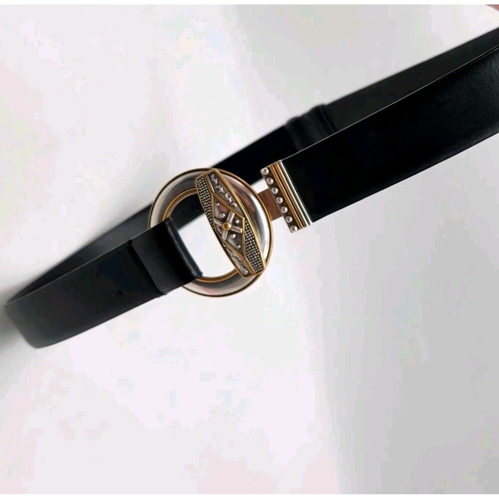 Chicos Brown Adjustable Genuine Leather Belt Two Tone Metal Hook Buckle Sz S/M